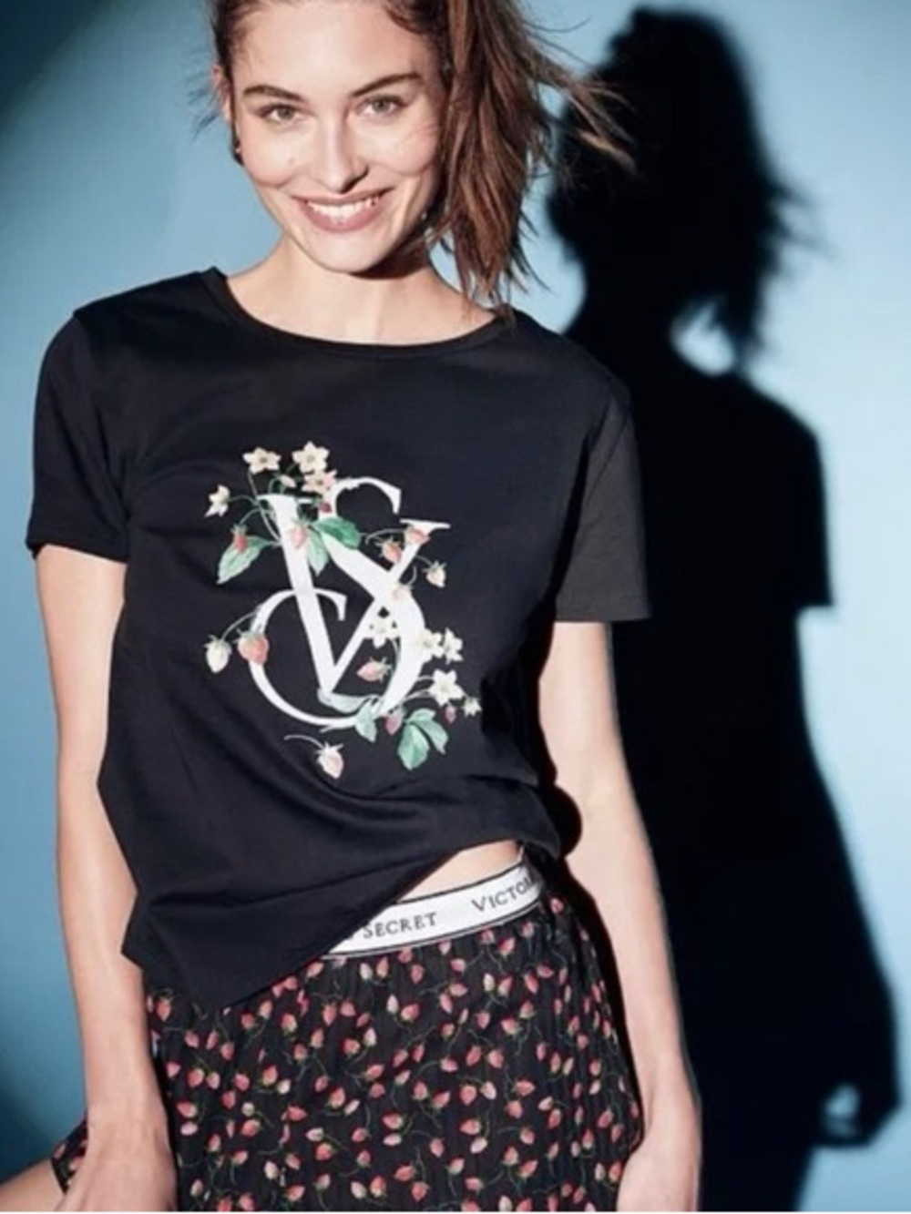 Victoria's Secret Black Tee with Floral VS Logo
